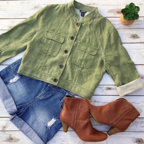 Kenneth Cole Reaction Green Cropped Linen Jacket - Picture 5 of 8